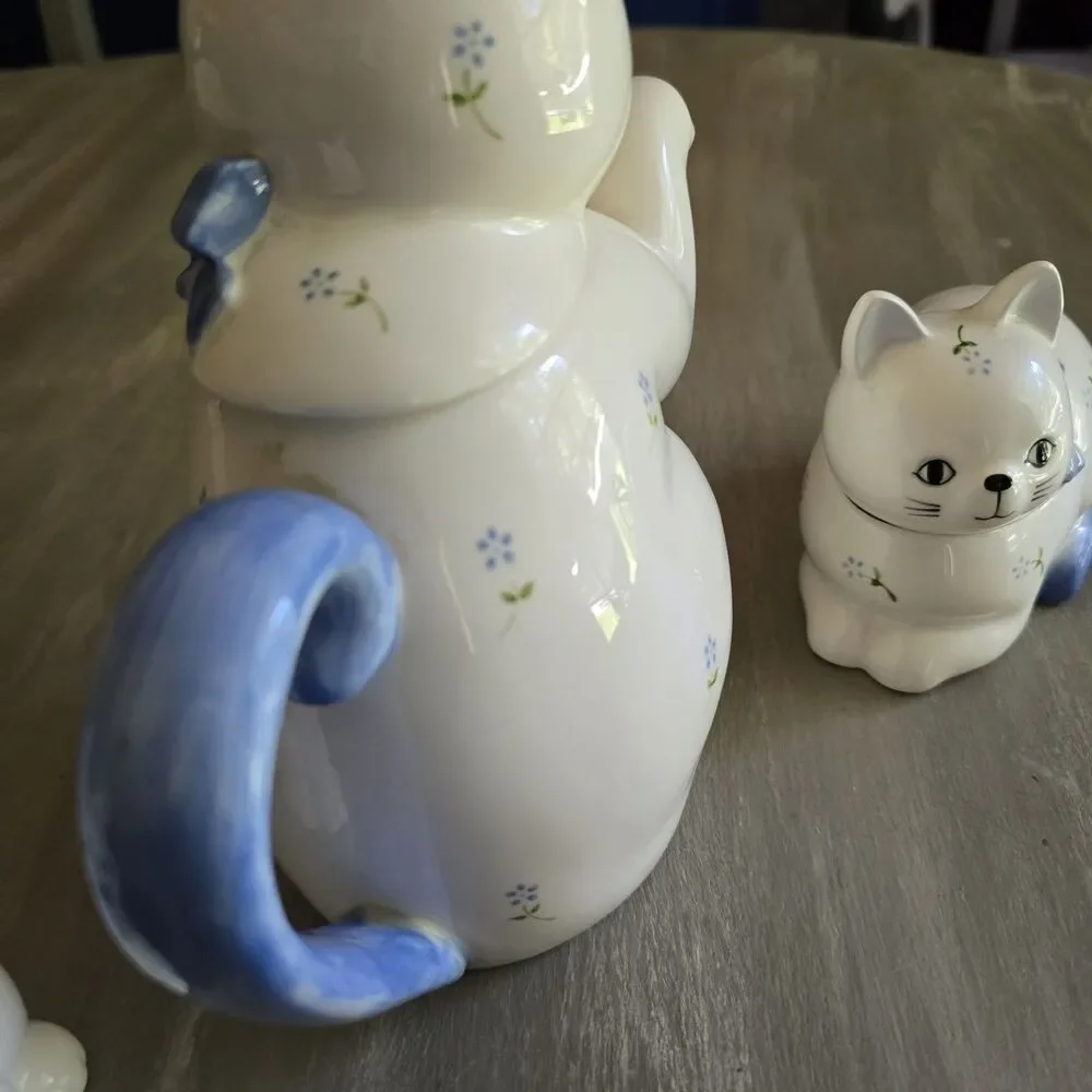 Vintage Otagiri Cat Ceramic Teapot Creamer Sugar Bowl Set - White & Blue Floral